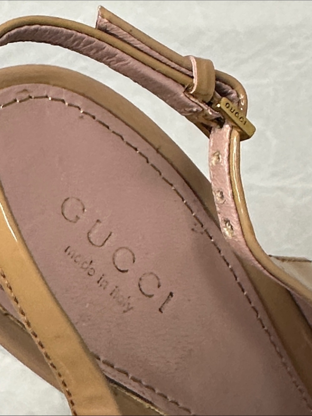 Gucci Nude Patent Leather Peep Toe Slingback Heels with Gold Buckle - Picture 11 of 12
